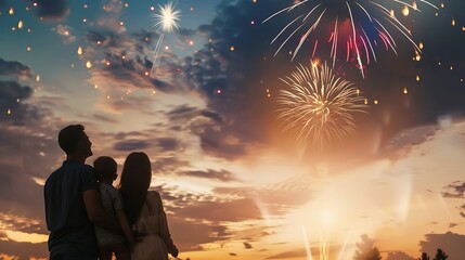 Poster - Generative AI : The happy family looks beautiful colorful holiday fireworks in the evening sky 