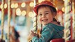 A child grinning from ear to ear as they ride a carousel at the fair. 