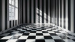 © tracy - A room with black and white stripes on the walls and a checkered floor. The room is empty and has a very minimalistic feel to it