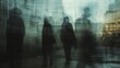 A group of blurred figures facing away from the camera their dark silhouettes merging with the muted tones of the faded building behind . .