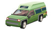 Cartoon vector or illustration of perspective camping car green color. Can see interior of car with console and seats. Isolated white background.