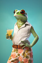 A Frog Wearing A White Shirt And Floral Pants Is Holding A Glass Of Orange Juice