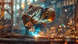 A skilled welder in protective gear performs welding work, generating bright sparks in a large industrial environment.