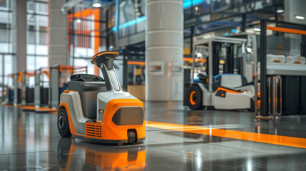 Wall Mural - Scene of an AI forklift engaging with a customer pick-up point, showcasing automated customer service,