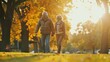 A senior couple enjoying a leisurely walk in the park. 