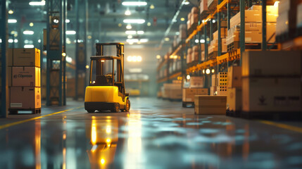Poster - Visualization of a warehouse during a holiday rush, with AI forklifts ensuring timely order fulfillment,