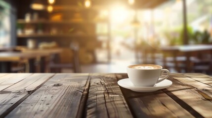 Poster - A coffee cup on a restaurant's wooden table