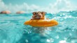 A stylish hamster in sunglasses swims on a yellow air mattress for swimming through the water in hot summer weather. Water activities during summer holidays, vacation, relaxion on the beach, funny pet