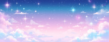 Stars of various sizes and colors should fill the space. sparkle and stars. The background is a soft gradient of light colors from top to bottom. This sky is a cute kawaii style. 