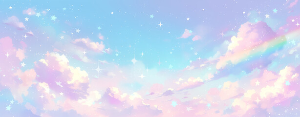 a pastel pink, blue and purple sky with white clouds and stars. a cute background for the sky in a l