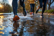 Close-up Of Joggers Feet Hitting The Path As A Group Of People Run In The Rain