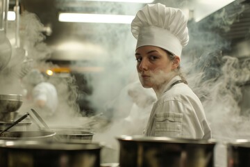 Wall Mural - A woman wearing a chefs hat is cooking in a kitchen