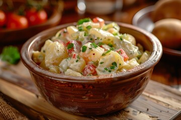 Poster - Closeup shot of a rustic ceramic bowl filled with potato salad placed on a wooden cutting board