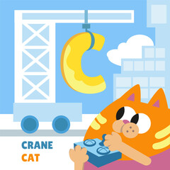 Letter C. Alphabet, card with cute cartoon style characters. Cat and Crane. ABC. Education for children. Preschool activity. Vector illustration.