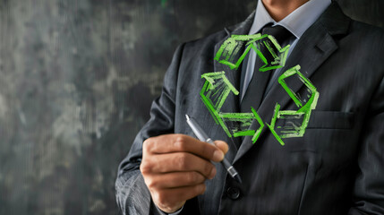 Professional businessman in a suit presenting the concept of recycling with glowing green arrows signifying sustainability