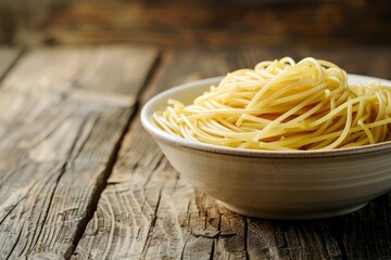 Wall Mural - A side angle view of a white bowl filled with pasta on top of a wooden table