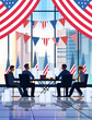 election day concept observers team counting results at round table modern office interior with USA flags vertical