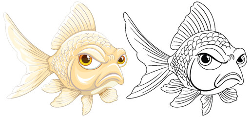 Wall Mural - Color and black-and-white illustrations of a grumpy fish.