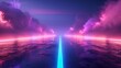 Neon Laser Beam Road under a Pink Clouded Sky in a Surreal Landscape
