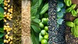 A collage of different types of biofuel sources including crops algae and waste materials highlighting the diversity of renewable energy trade opportunities available on a global scale. .