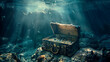 A treasure chest is sitting on the ocean floor. The chest is open and the water is murky