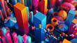 A colorful cityscape with many different colored buildings and shapes