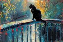 Oil Painting Features A Cat Sitting On The Bridge  Wall Art, Farmhouse Decor, Digital Art Print, Wallpaper, Background 