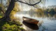 In early spring, the willow trees by the lake have just sprouting, the hanging willow branches, the boat on the river. Generative AI.