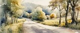 Fototapeta Sypialnia - A painting of a road with trees in the background