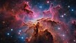 A colorful nebula with a pink cloud in the middle. The stars are scattered throughout the sky