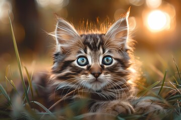 Wall Mural - Cute portrait fluffy kitten cat photograph, HD background, wallpaper, banner