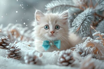 Wall Mural -  Cute fluffy kitten cat with blue bow  photograph, HD background, wallpaper, banner