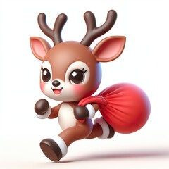 Wall Mural - Cute character 3D image of a Reindeer running with the bag, funny, happy, smile, white background