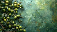 Top View Of A Table On A Wooden Background On Which Elegant Green Olive Trees