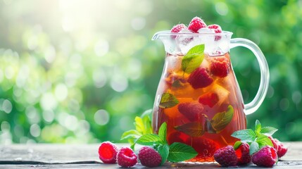 Wall Mural - A pitcher of iced raspberry tea with fresh raspberries and mint leaves.