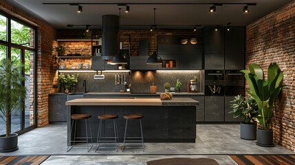 modern and contemporary style kitchen, concrete and red brick wall, dark gray cabinet, brick floorin