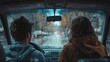 Portrait of couples are riding car on rainy day with a dark environment and big space for text or product, Generative AI.