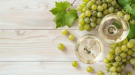 Two glasses of white wine next to clusters of fresh green grapes on a light wooden background, with a vine leaf.