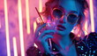 © W.O.W - Beautiful young girl in fashionable clothes at a neon party. Trendy banner for a nightclub.