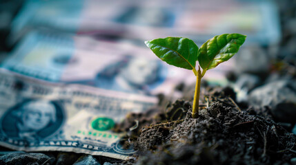 A powerful visual metaphor of a green plant growing from soil with US dollar bills, illustrating the concept of financial growth and investment