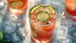 Lush watermelon cucumber punch in a crystal-clear glass, bursting with juicy flavors, chilled to perfection