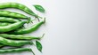 Notorious for their high nutritional content, green beans are structured in a row over a white setting and space, Generative AI.