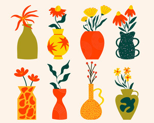 Wall Mural - collection of various abstract plants in geometric vases. different types of flower bouquets vector 