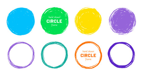 Aufkleber - Scribble circle round vector frame. Hand drawn rough scribble effect line. Children color crayon brush stroke frame. Scribble hand drawn grunge doodle color circle set. Vector illustration