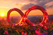 3D render of a red infinity symbol glowing with magical light against a fantasy background at sunset - Generative AI