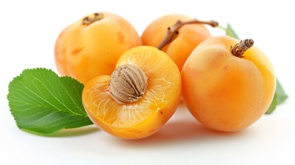 Poster - Four fruit pieces with leaves on white surface