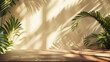 3D rendering of a wood table and tropical leaves on a beige background with a sun shadow