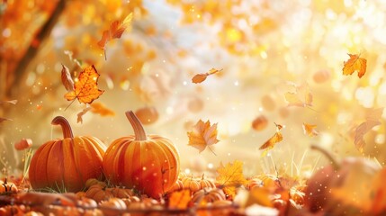 Poster - Group of pumpkins sitting on top of a pile of leaves. Suitable for autumn and Halloween themes