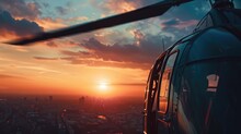 A Helicopter Flying Over A City During Sunset. Suitable For Travel And Transportation Concepts
