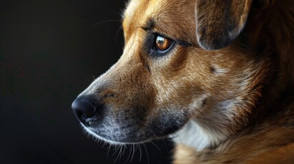 Sticker - Close up of a dog's face on a black background. Perfect for pet lovers and animal enthusiasts